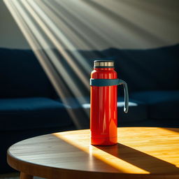 A beautiful still life composition featuring a red thermos with a blue handle sitting elegantly on a wooden table