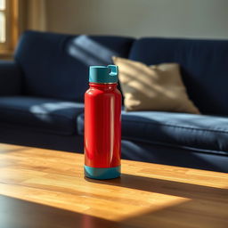 A beautiful still life composition featuring a red thermos with a blue handle sitting elegantly on a wooden table