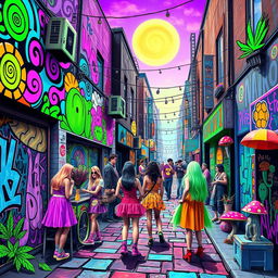 A vibrant and eclectic street scene, inspired by a psychedelic art style, showcasing a variety of colorful drug-related motifs such as swirling patterns, abstract representations of popular substances like cannabis, mushrooms, and psychedelic shapes