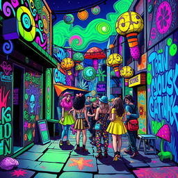 A vibrant and eclectic street scene, inspired by a psychedelic art style, showcasing a variety of colorful drug-related motifs such as swirling patterns, abstract representations of popular substances like cannabis, mushrooms, and psychedelic shapes