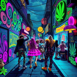 A vibrant and eclectic street scene, inspired by a psychedelic art style, showcasing a variety of colorful drug-related motifs such as swirling patterns, abstract representations of popular substances like cannabis, mushrooms, and psychedelic shapes