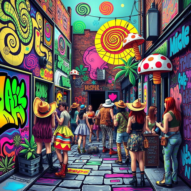 A vibrant and eclectic street scene, inspired by a psychedelic art style, showcasing a variety of colorful drug-related motifs such as swirling patterns, abstract representations of popular substances like cannabis, mushrooms, and psychedelic shapes