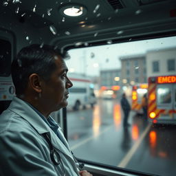 A dedicated doctor looking through a large window of an ambulance towards an emergency department