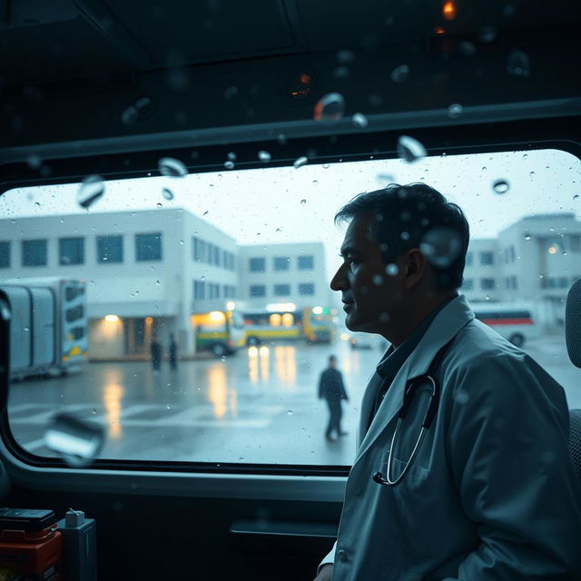 A dedicated doctor looking through a large window of an ambulance towards an emergency department