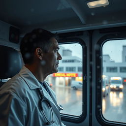 A dedicated doctor looking through a large window of an ambulance towards an emergency department
