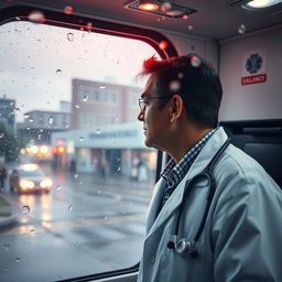 A dedicated doctor looking through a large window of an ambulance towards an emergency department