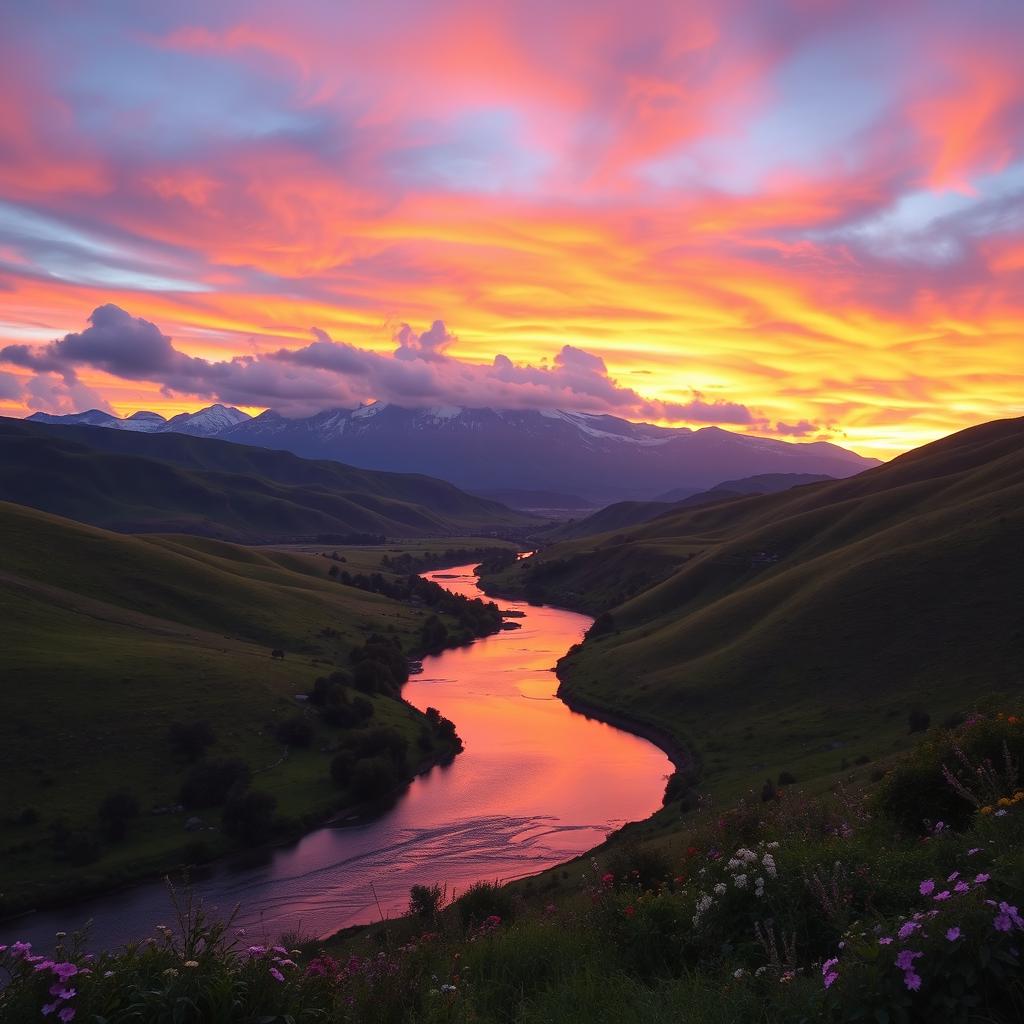 A breathtaking landscape featuring rolling hills under a vibrant sunset, with shades of orange, pink, and purple in the sky