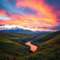 A breathtaking landscape featuring rolling hills under a vibrant sunset, with shades of orange, pink, and purple in the sky