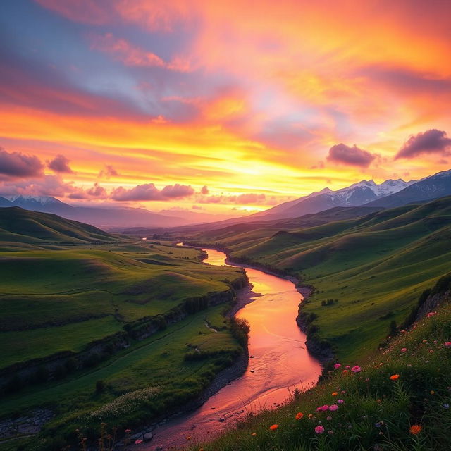 A breathtaking landscape featuring rolling hills under a vibrant sunset, with shades of orange, pink, and purple in the sky