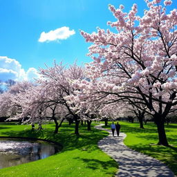 A tranquil scene of cherry blossom trees in full bloom, with soft pink petals gently falling to the ground