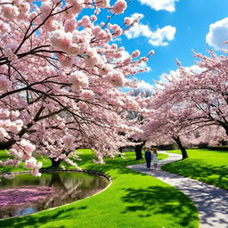 A tranquil scene of cherry blossom trees in full bloom, with soft pink petals gently falling to the ground