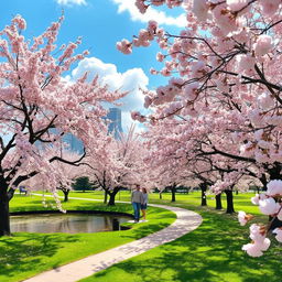 A tranquil scene of cherry blossom trees in full bloom, with soft pink petals gently falling to the ground