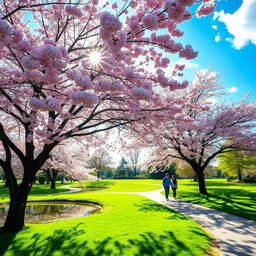 A tranquil scene of cherry blossom trees in full bloom, with soft pink petals gently falling to the ground
