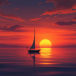 An animated scene featuring a sailboat without sails adrift on a still sea, enveloped in a profoundly sad mood as the sun sets