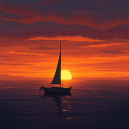 An animated scene featuring a sailboat without sails adrift on a still sea, enveloped in a profoundly sad mood as the sun sets