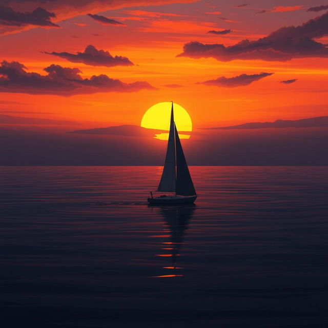 An animated scene featuring a sailboat without sails adrift on a still sea, enveloped in a profoundly sad mood as the sun sets