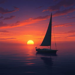 An animated scene featuring a sailboat without sails adrift on a still sea, enveloped in a profoundly sad mood as the sun sets