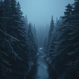 A dense forest filled with towering trees, blanketed in snowflakes as they gently fall from a dark, overcast sky