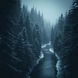 A dense forest filled with towering trees, blanketed in snowflakes as they gently fall from a dark, overcast sky