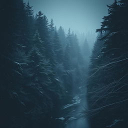 A dense forest filled with towering trees, blanketed in snowflakes as they gently fall from a dark, overcast sky
