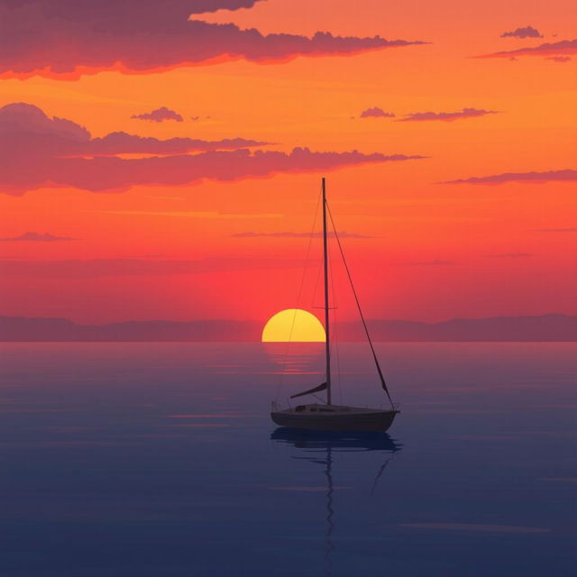 An animated scene of a sailboat without sails gently drifting on a serene sea, creating a very sad atmosphere as the sun sets