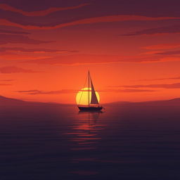 An animated scene of a sailboat without sails gently drifting on a serene sea, creating a very sad atmosphere as the sun sets