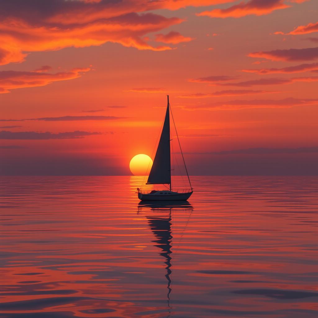 An animated scene of a sailboat without sails gently drifting on a serene sea, creating a very sad atmosphere as the sun sets