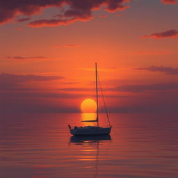 An animated scene of a sailboat without sails gently drifting on a serene sea, creating a very sad atmosphere as the sun sets