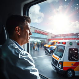 A focused doctor in a bright white coat looking out of the window of an ambulance, gazing towards the emergency department