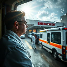 A focused doctor in a bright white coat looking out of the window of an ambulance, gazing towards the emergency department