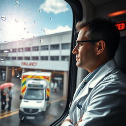A focused doctor in a bright white coat looking out of the window of an ambulance, gazing towards the emergency department