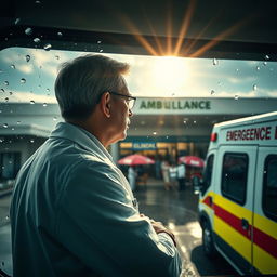 A focused doctor in a bright white coat looking out of the window of an ambulance, gazing towards the emergency department