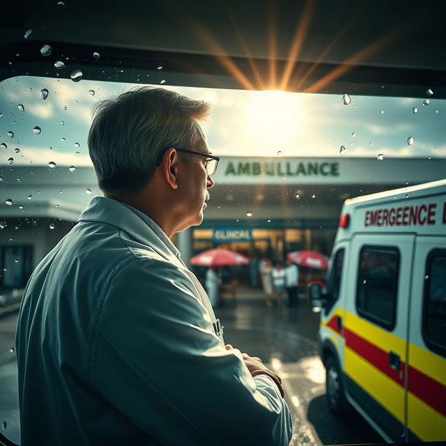 A focused doctor in a bright white coat looking out of the window of an ambulance, gazing towards the emergency department