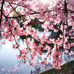 A serene and picturesque scene of cherry blossoms in full bloom, with delicate pink flowers covering the branches and gently falling petals creating a soft carpet on the ground