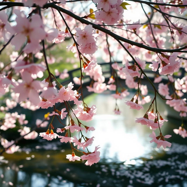 A serene and picturesque scene of cherry blossoms in full bloom, with delicate pink flowers covering the branches and gently falling petals creating a soft carpet on the ground