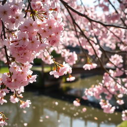 A serene and picturesque scene of cherry blossoms in full bloom, with delicate pink flowers covering the branches and gently falling petals creating a soft carpet on the ground