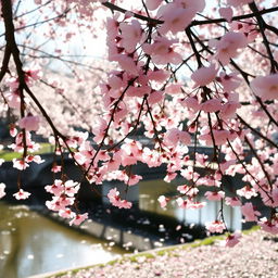 A serene and picturesque scene of cherry blossoms in full bloom, with delicate pink flowers covering the branches and gently falling petals creating a soft carpet on the ground