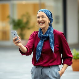 A middle-aged woman with a joyful expression, wearing a burgundy blouse and a patterned blue headscarf