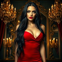 A stunning portrait of a sultry woman with long, flowing black hair and captivating green eyes, wearing a daringly low-cut red dress that clings to her curves