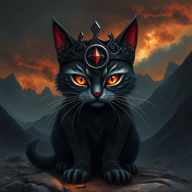 A fantastical depiction of a cat representing Sauron, featuring a dark, intricate crown that resembles the One Ring motif