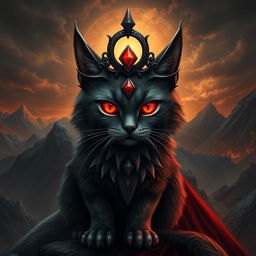 A fantastical depiction of a cat representing Sauron, featuring a dark, intricate crown that resembles the One Ring motif