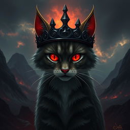 A fantastical depiction of a cat representing Sauron, featuring a dark, intricate crown that resembles the One Ring motif