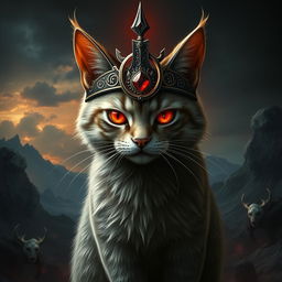 A fantastical depiction of a cat representing Sauron, featuring a dark, intricate crown that resembles the One Ring motif