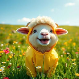 A cheerful sheep wearing a bright yellow outfit happily munching on grass in a vibrant green meadow