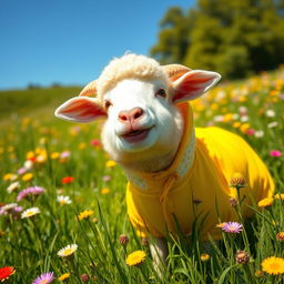 A cheerful sheep wearing a bright yellow outfit happily munching on grass in a vibrant green meadow