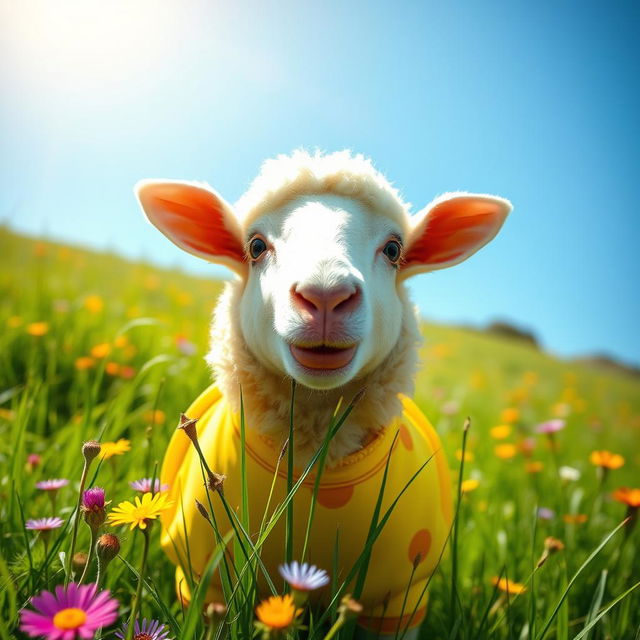 A cheerful sheep wearing a bright yellow outfit happily munching on grass in a vibrant green meadow