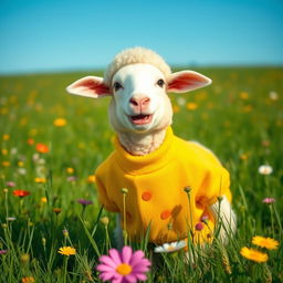 A cheerful sheep wearing a bright yellow outfit happily munching on grass in a vibrant green meadow