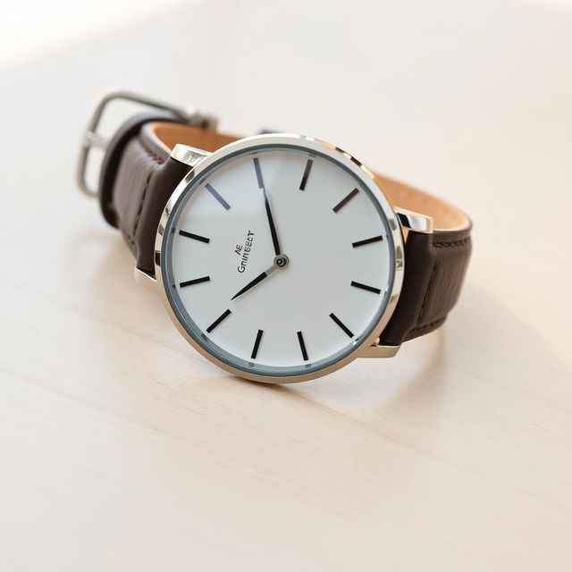 A sleek, modern unisex watch with a minimalist design, featuring a round silver stainless steel case, a crisp white dial, and elegant black hour markers