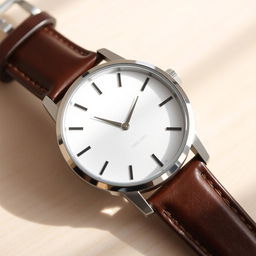 A sleek, modern unisex watch with a minimalist design, featuring a round silver stainless steel case, a crisp white dial, and elegant black hour markers