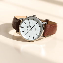 A sleek, modern unisex watch with a minimalist design, featuring a round silver stainless steel case, a crisp white dial, and elegant black hour markers